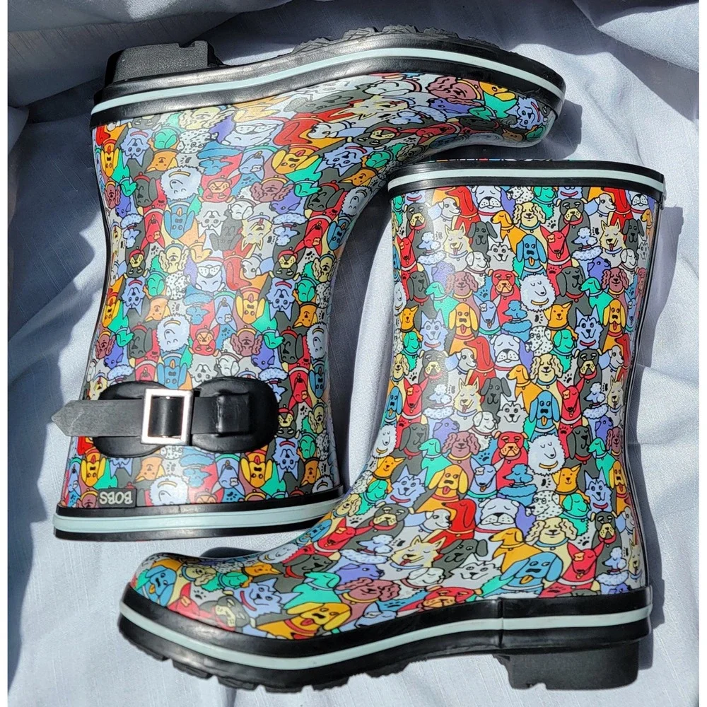 Skechers BOBS Rain Check Puddle Paws Dog Print Rain Boots 33373 BKMT Womens 8